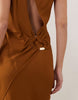 draped open back trim detail linen look maxi dress in tobacco