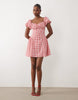 Kaiia exclusive cotton milkmaid puff sleeve hip pleat detail mini dress in red gingham