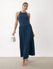 crinkle built up cross back midi dress in navy