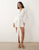 TFNC slinky v neck shoulder pad drape detail mini dress in white