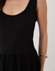 scoop neck drop waist midi dress in black