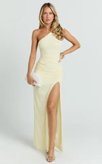 Georgia Maxi Dress - Mesh One Shoulder Ruched Bodycon Dress in Lemon