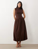 high neck drop waist sleeveless maxi dress in chocolate