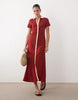 button front cap sleeve midi dress with contrast tipping in burnt red