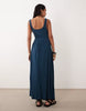 crinkle button through midi dress in denim blue