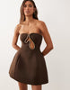 Premium bandeau sculpted mini dress with gold trim in chocolate