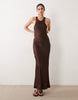 satin racer neck maxi dress with split in chocolate brown