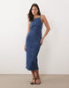denim halter neck midaxi dress with back detail in mid blue