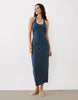 halter midi dress with buttermilk contrast trim in navy