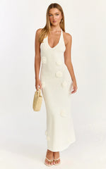Elodie Maxi Dress - Halter 3D Floral Knit Dress in Cream