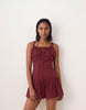 structured cotton sateen tie bust dropped waist mini sundress in rich burgundy