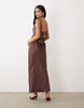 deep scoop neck midaxi dress with asymmetric draped skirt overlay in chocolate