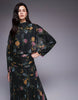 chiffon shirred waist panel godet maxi dress in black floral
