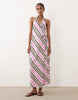 cotton linen halter neck wrap maxi sundress in pink stripes