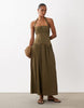 sweetheart neck shirred midaxi dress in brown
