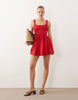 scoop ribbed bodice with poplin skirt mini dress in red