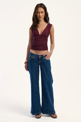 Luck & Trouble Vivi Ruched V Neck Top Plum