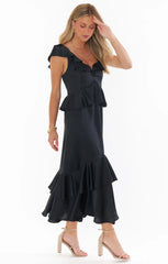 Reese Ruffle Dress ~ Black Luxe Satin