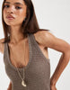 crochet knit halter mini dress in brown