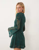 embellished crochet plunge mini dress with long sleeves in green