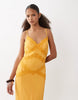 slip shift lace trim midi dress with godets in soft orange