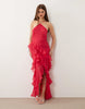 bias cut maxi dress with full hem cut ruffles and high-low hem in pink