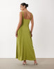 crinkle square neck panel detail midi dress in citrus green