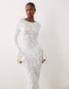 Noughts & Kisses devore floral bell sleeve lace up fishtail maxi dress in white