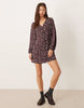 Glamorous long sleeve mini tea dress with tie front in brown ditsy floral