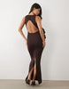 plunge maxi dress with 3d corsage and open back in chocolate scuba-style fabric