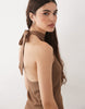 textured halter neck mini dress in brown
