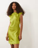 slash neck satin mini dress with lace hem in green