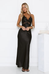 Satin Lace Crisscross Back Maxi Dress Black