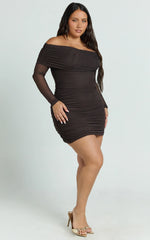 Clyde Mini Dress - Mesh Off Shoulder Ruched Bodycon Dress in Chocolate