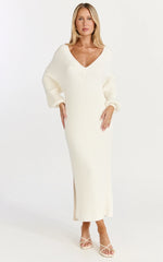 Kartia Midi Dress - V Neck Knit Dress in Off White