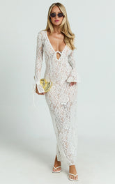 Paula Midi Dress - Lace V Neck Long Sleeve Column Dress in White