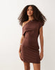 eyelet detail off the shoulder mini dress in brown