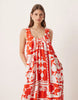 technical fabric scoop ruched neck maxi sundress in red and white patchwork print