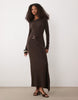 long sleeve ribbed midi dress with hardware wrap detail in chocolate