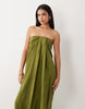draped strapless maxi dress in olive green