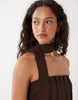 bandeau pleated trapeze midi dress with scarf detail in brown