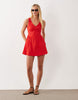 waisted v-neck mini sundress with seaming details in vibrant red