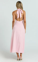 Beata Midi Dress - Plunge Halter A Line Dress in Pink
