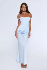 The After Party Off Shoulder Satin Maxi Dress Blue