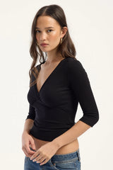 L&t Claudia 3/4 Sleeve V Neck Top Black