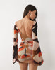 mesh waterfall sleeve ruched mini dress in red bloom floral