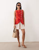 linen blend vest mini dress with poplin skirt in red polka dots