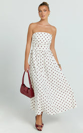 Polly Midi Dress - Strapless Ruched Dress in Red Polka Dot