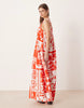 technical fabric scoop ruched neck maxi sundress in red and white patchwork print