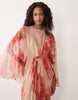 draped cape bodice with skirt and open back with tassel detail maxi dress in pink floral
